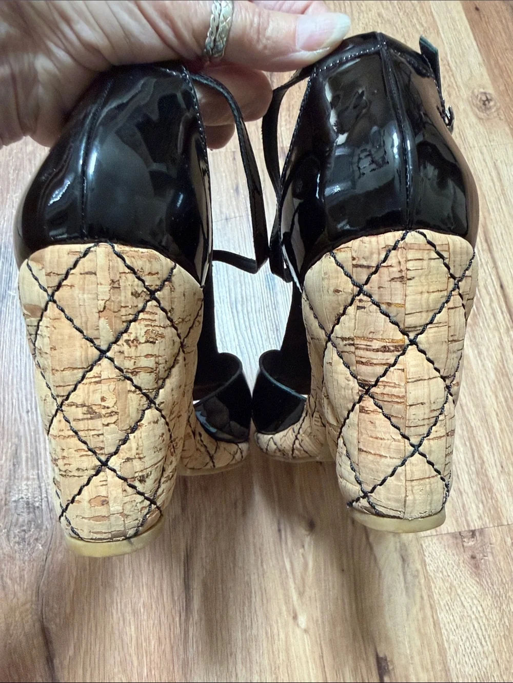 CHANEL Black Patent Leather Cork Wedge Sandals, AUTHENTICATED, size 10 (40)